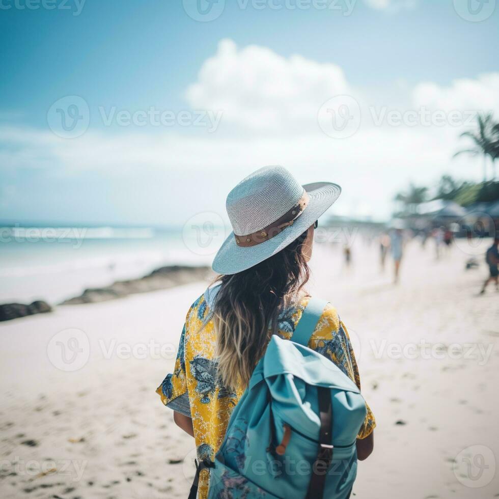 ai generato un' fotografia di viaggiatore o zaino in spalla nel il spiaggia con un' molti stile e molti angolo foto