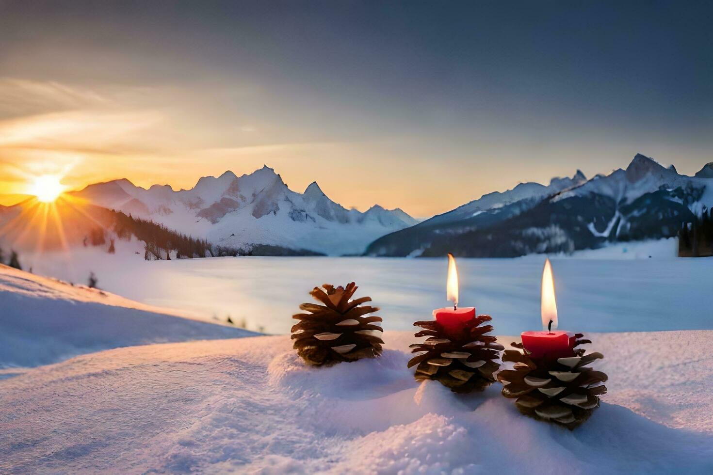 ai generato un' pino cono con un' candela nel il neve foto