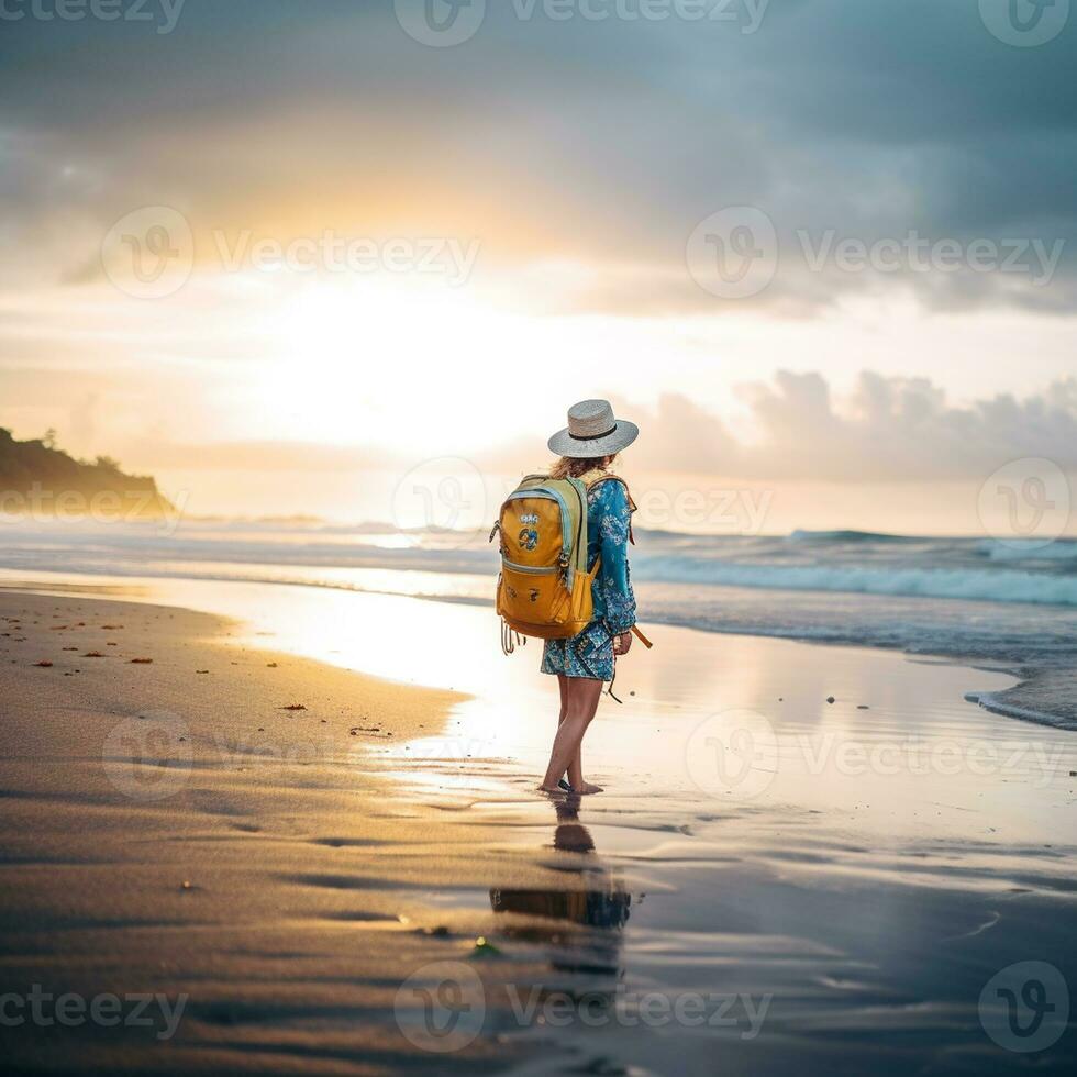 ai generato un' fotografia di viaggiatore o zaino in spalla nel il spiaggia con un' molti stile e molti angolo foto