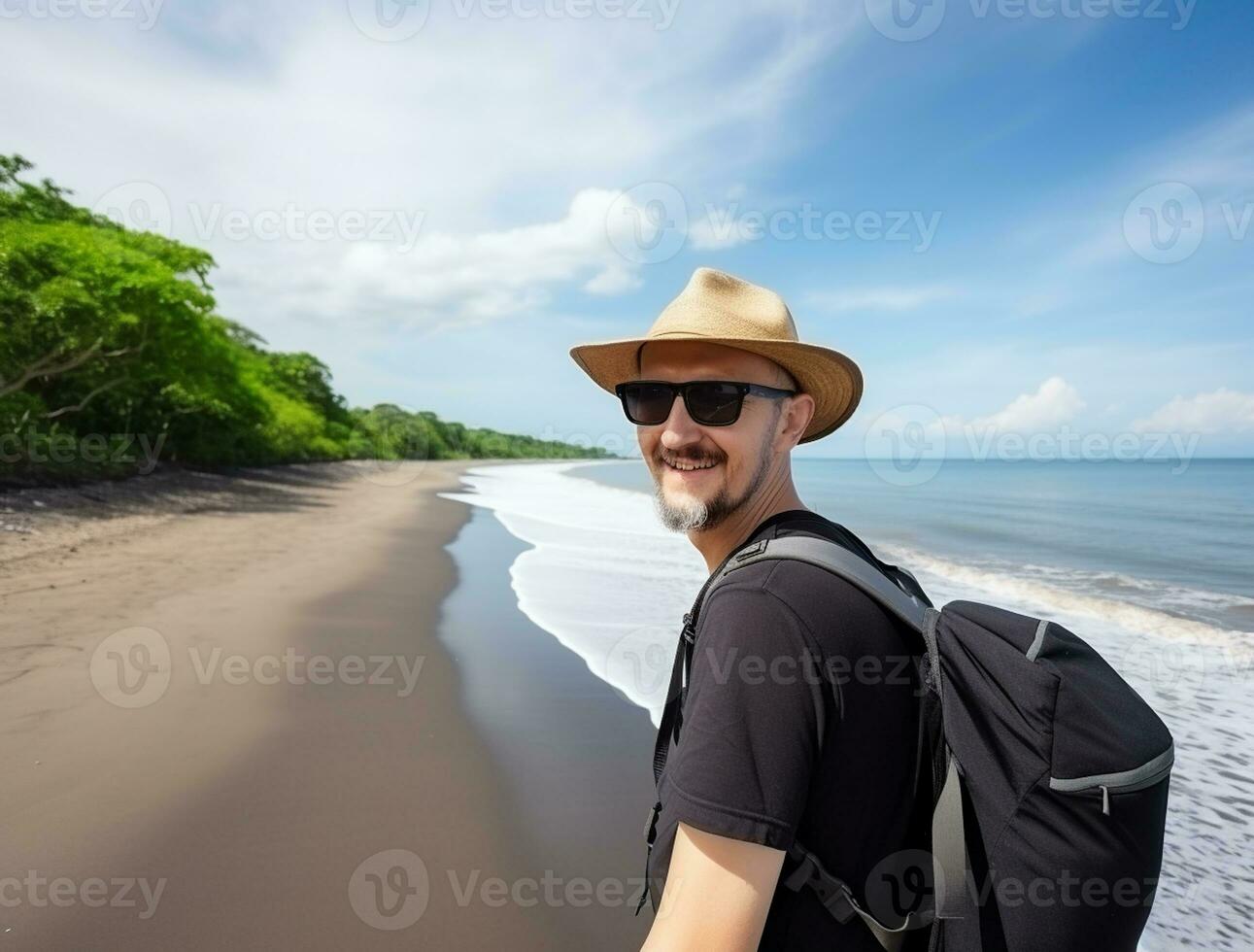 ai generato un' fotografia di viaggiatore o zaino in spalla nel il spiaggia con un' molti stile e molti angolo foto