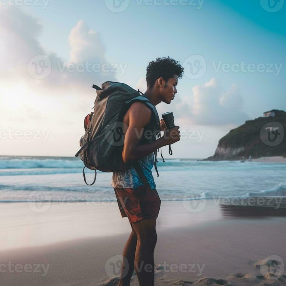 ai generato un' fotografia di viaggiatore o zaino in spalla nel il spiaggia con un' molti stile e molti angolo foto