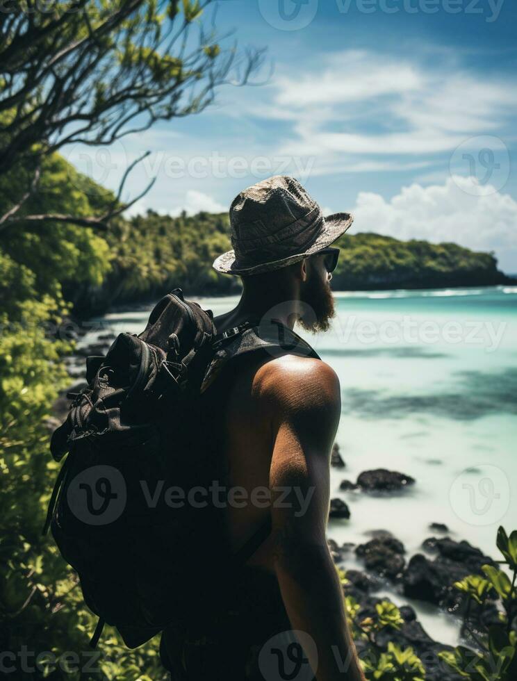 ai generato un' fotografia di viaggiatore o zaino in spalla nel il spiaggia con un' molti stile e molti angolo foto