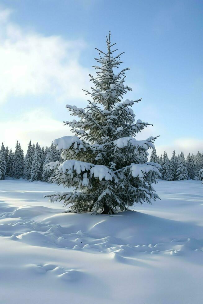 pino alberi o decorato Natale albero coperto di neve su bellissimo inverno. Natale tema all'aperto di ai generato foto