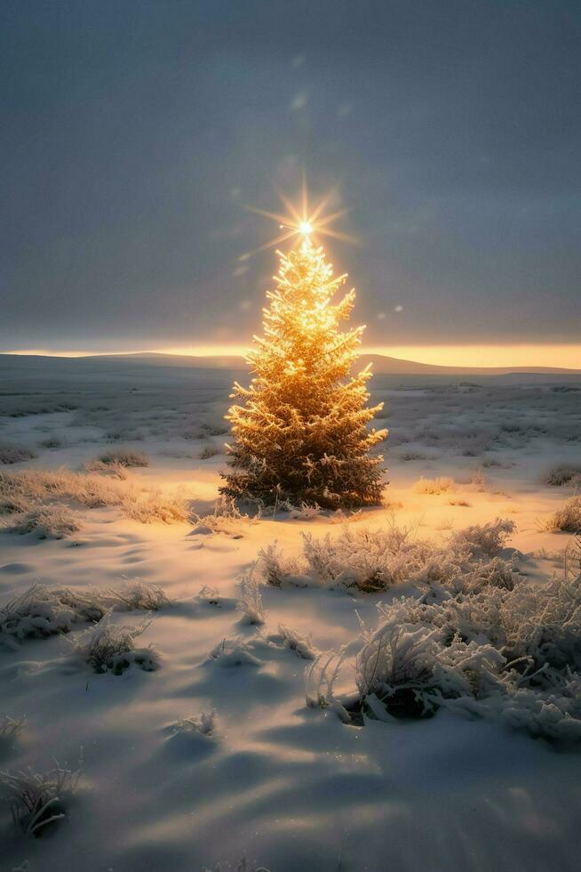 pino alberi o decorato Natale albero coperto di neve su bellissimo inverno. Natale tema all'aperto di ai generato foto