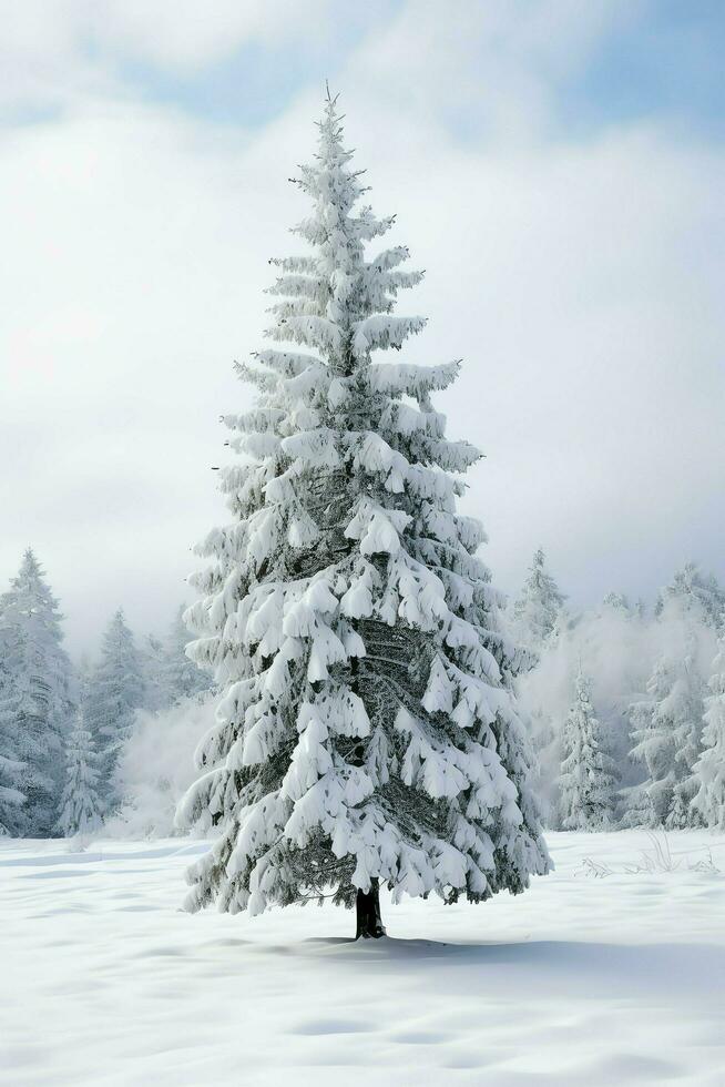 pino alberi o decorato Natale albero coperto di neve su bellissimo inverno. Natale tema all'aperto di ai generato foto