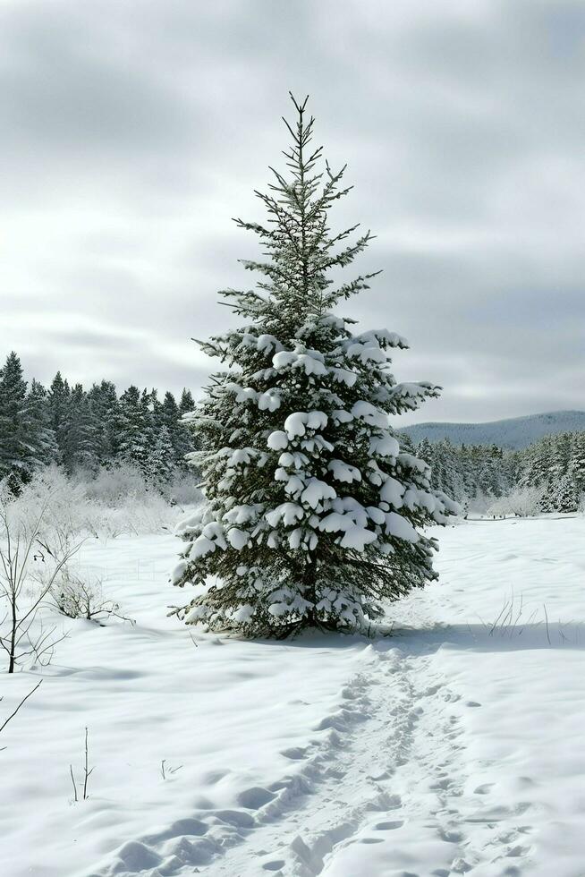 pino alberi o decorato Natale albero coperto di neve su bellissimo inverno. Natale tema all'aperto di ai generato foto