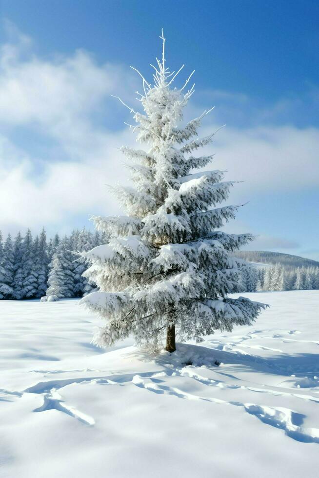 pino alberi o decorato Natale albero coperto di neve su bellissimo inverno. Natale tema all'aperto di ai generato foto