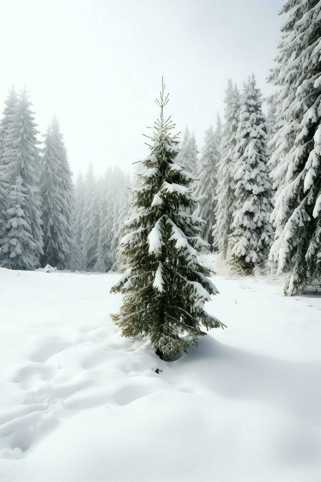 pino alberi o decorato Natale albero coperto di neve su bellissimo inverno. Natale tema all'aperto di ai generato foto