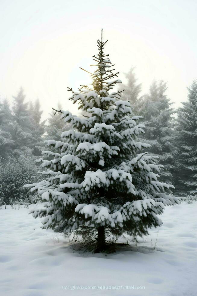 pino alberi o decorato Natale albero coperto di neve su bellissimo inverno. Natale tema all'aperto di ai generato foto