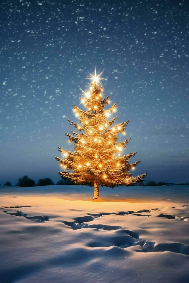 pino alberi o decorato Natale albero coperto di neve su bellissimo inverno. Natale tema all'aperto di ai generato foto