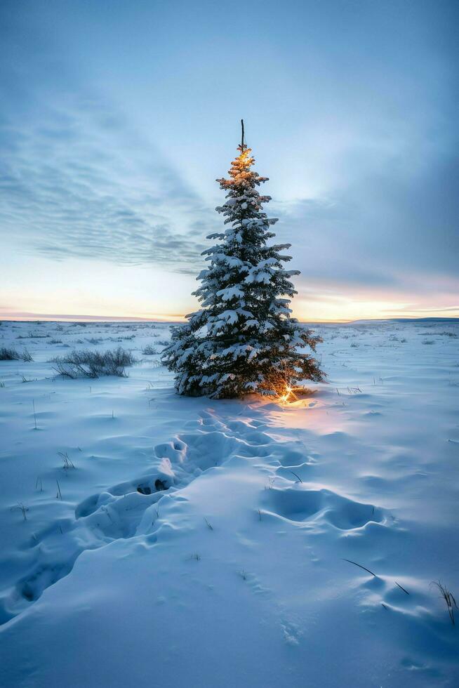 pino alberi o decorato Natale albero coperto di neve su bellissimo inverno. Natale tema all'aperto di ai generato foto