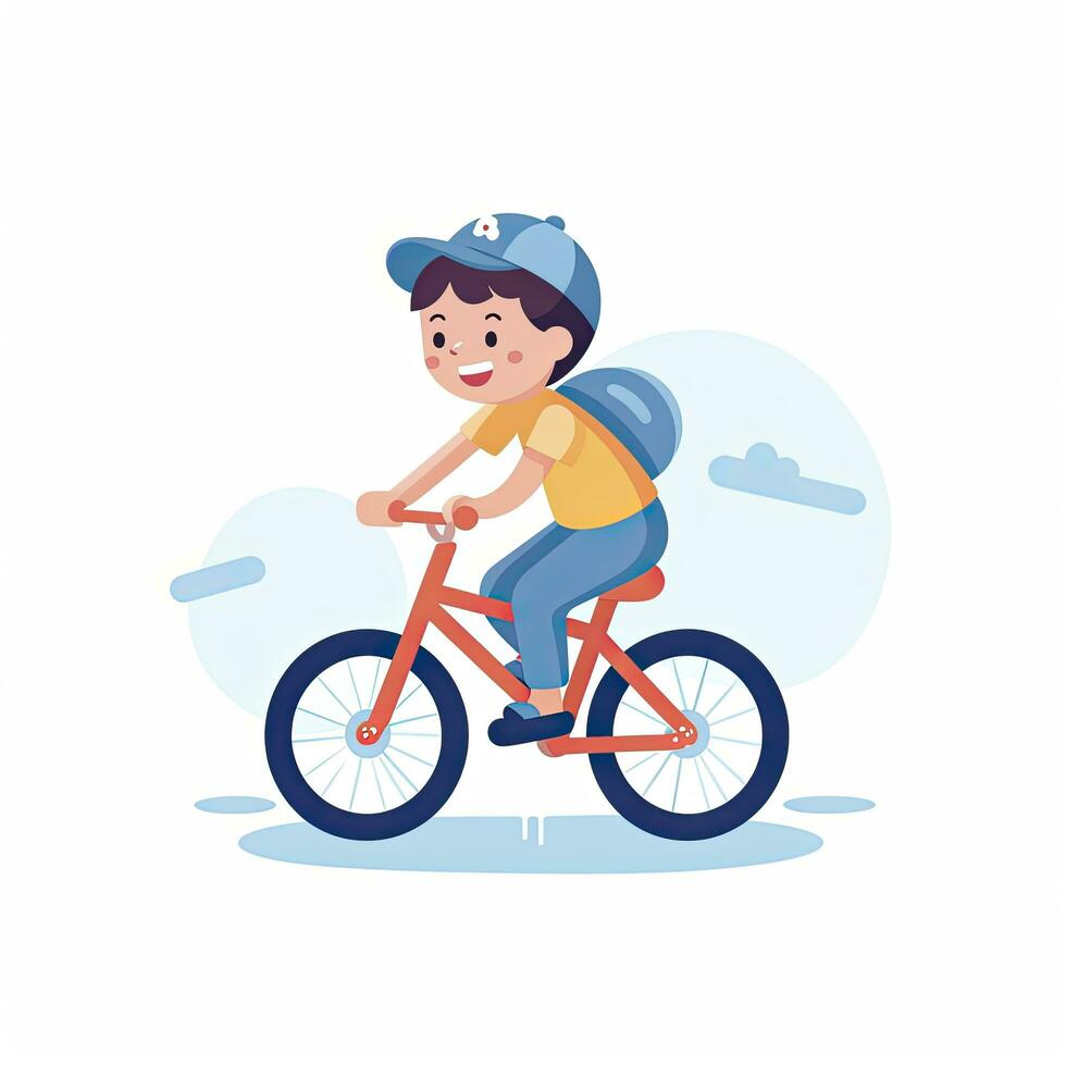 ai generato minimalista ui illustrazione di un' bambino apprendimento per cavalcata un' bicicletta nel un' piatto illustrazione su un' bianca sfondo foto