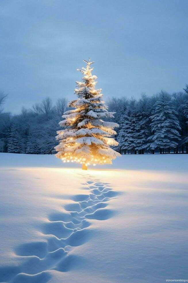 pino alberi o decorato Natale albero coperto di neve su bellissimo inverno. Natale tema all'aperto di ai generato foto