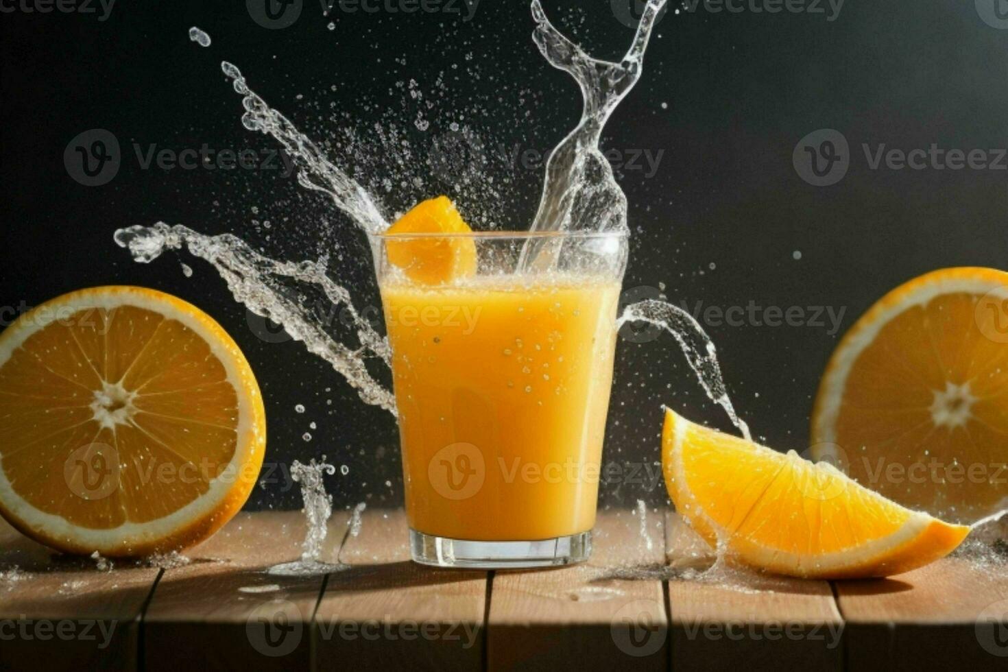 ai generato arancia succo spruzzo con ghiaccio cubi. professionista foto