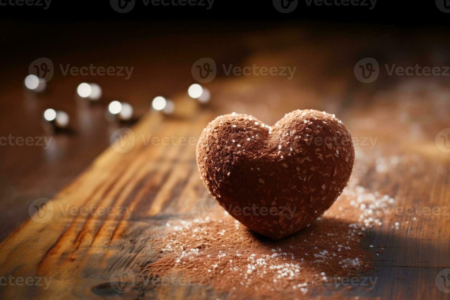 ai generato cuore sagomato cioccolato tartufo su un' di legno tavolo con in profondità Marrone e rustico di legno tonalità foto