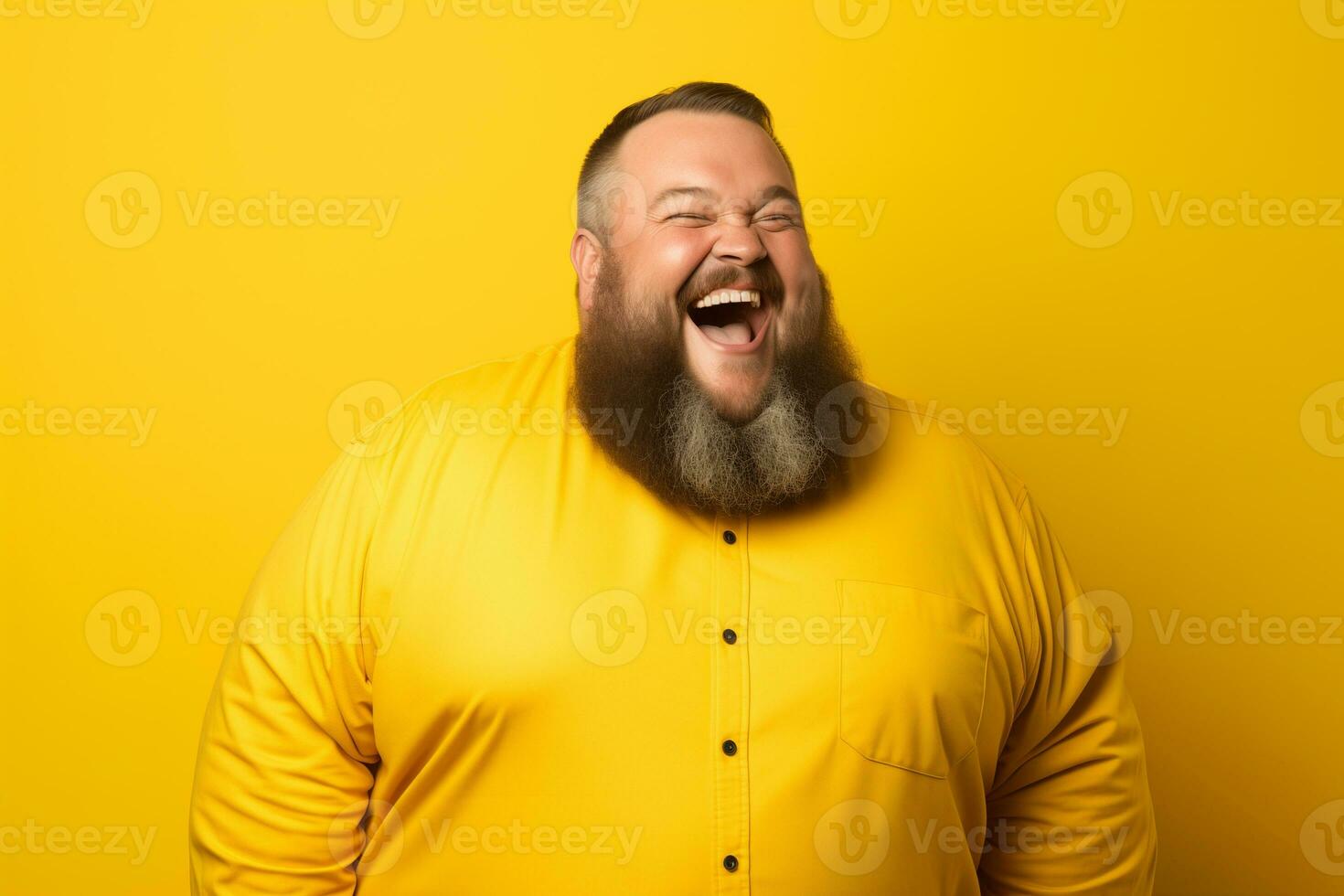 ai generato Grasso barbuto uomo nel giallo Abiti sorridente su giallo sfondo foto