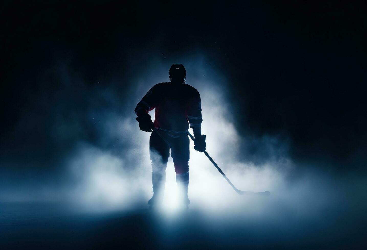 ai generato silhouette di un' hockey giocatore silhouette è mostrato contro un' blu sfondo foto