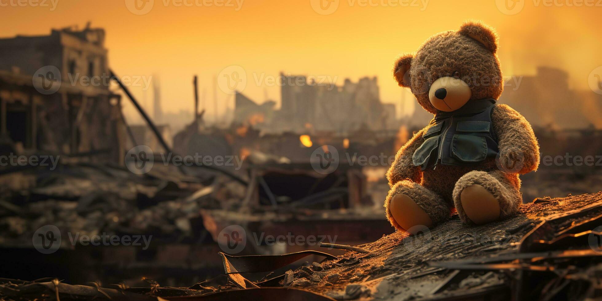 ai generato bambini orsacchiotto orso giocattolo al di sopra di città bruciato distruzione di un conseguenze guerra conflitto foto