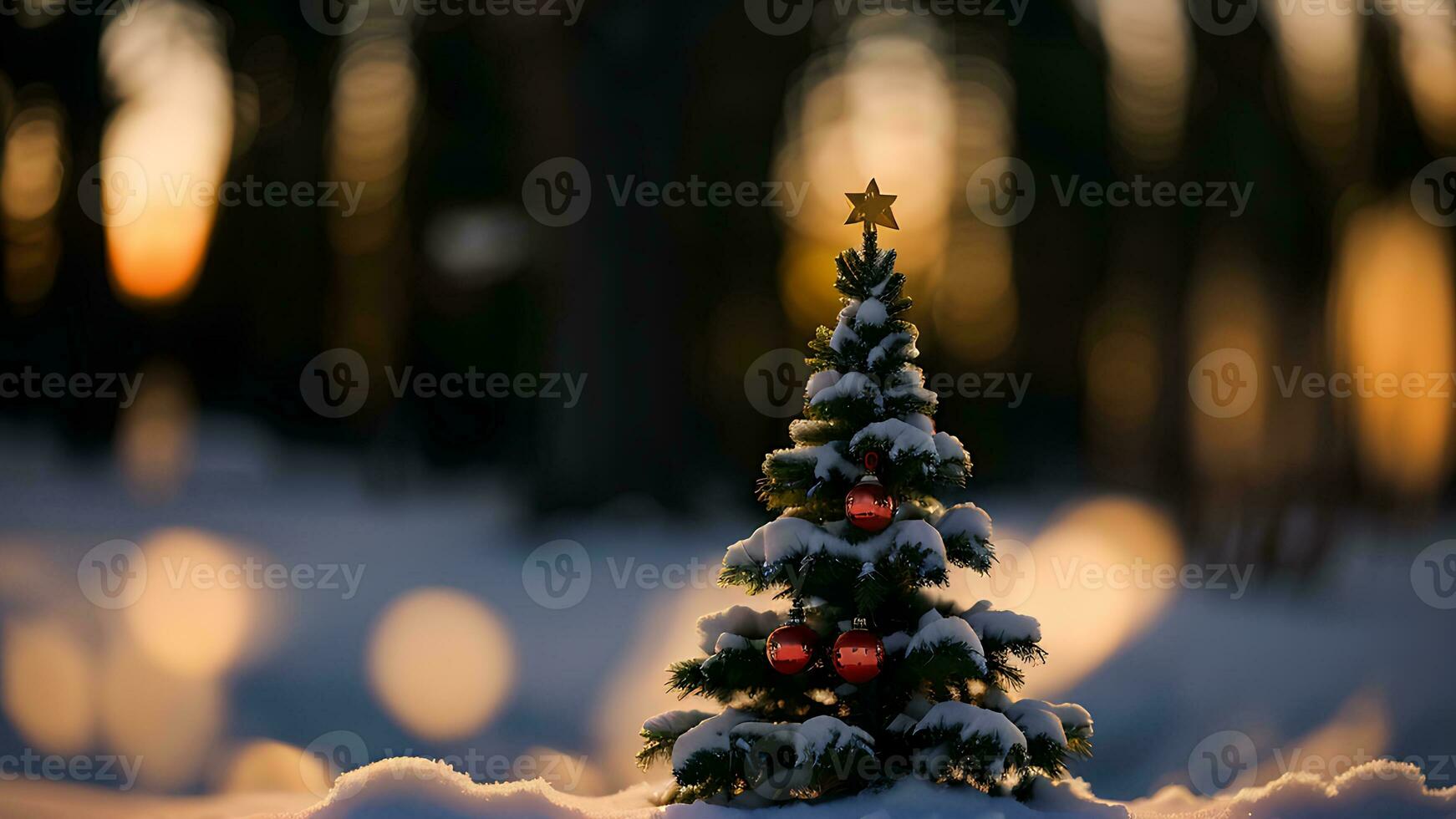 ai generato Natale sfondo. poco Natale albero con decorazioni nel il mattina foto