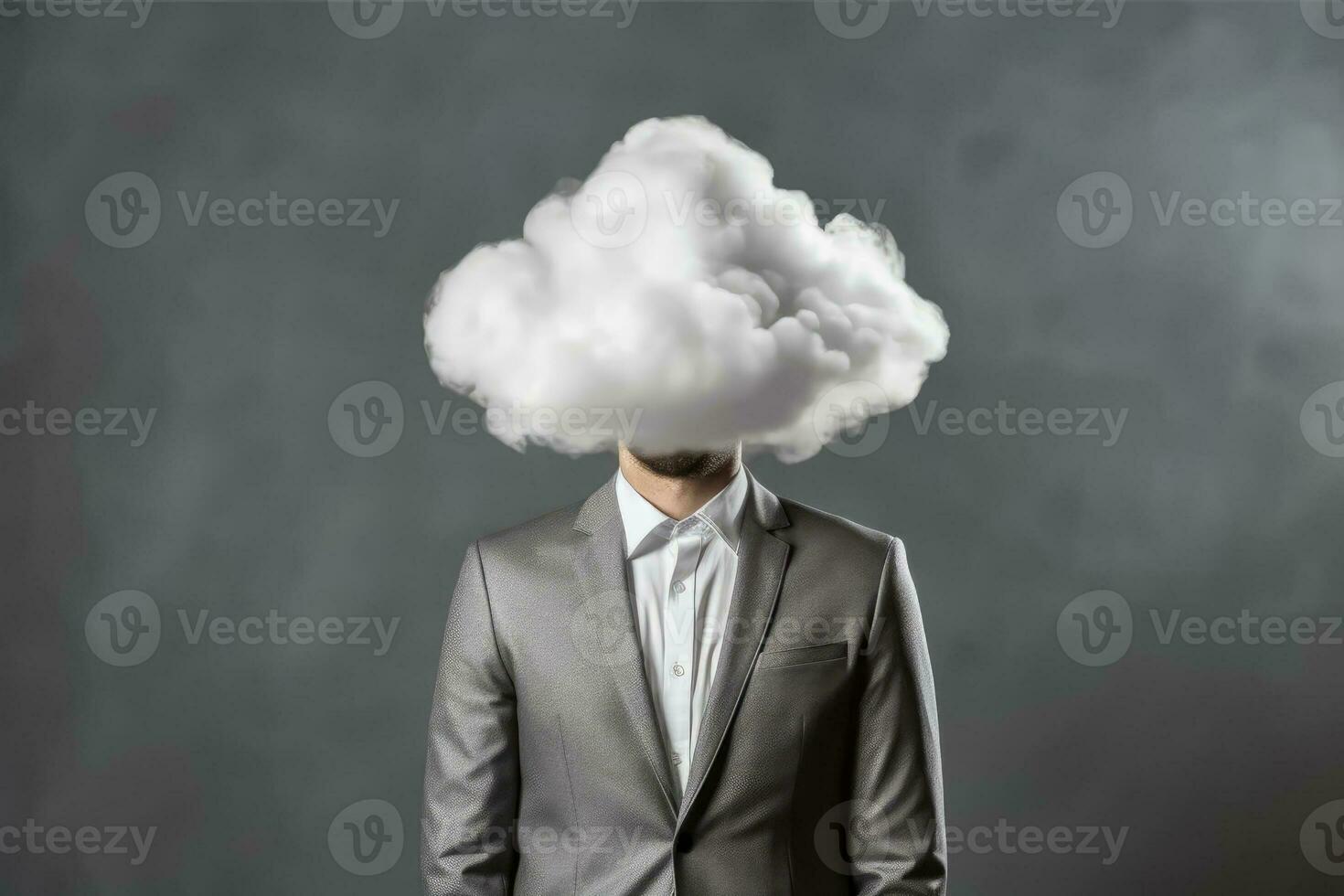 ai generato creativo fermo - uomo d'affari chiuso nel un' nube di di brainstorming nebbia foto