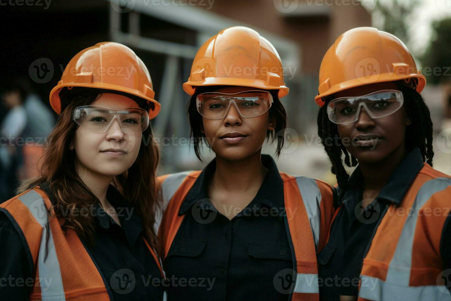 ai generato gruppo diverso femmina costruzione lavoratori nel sicurezza attrezzatura. creare ai foto
