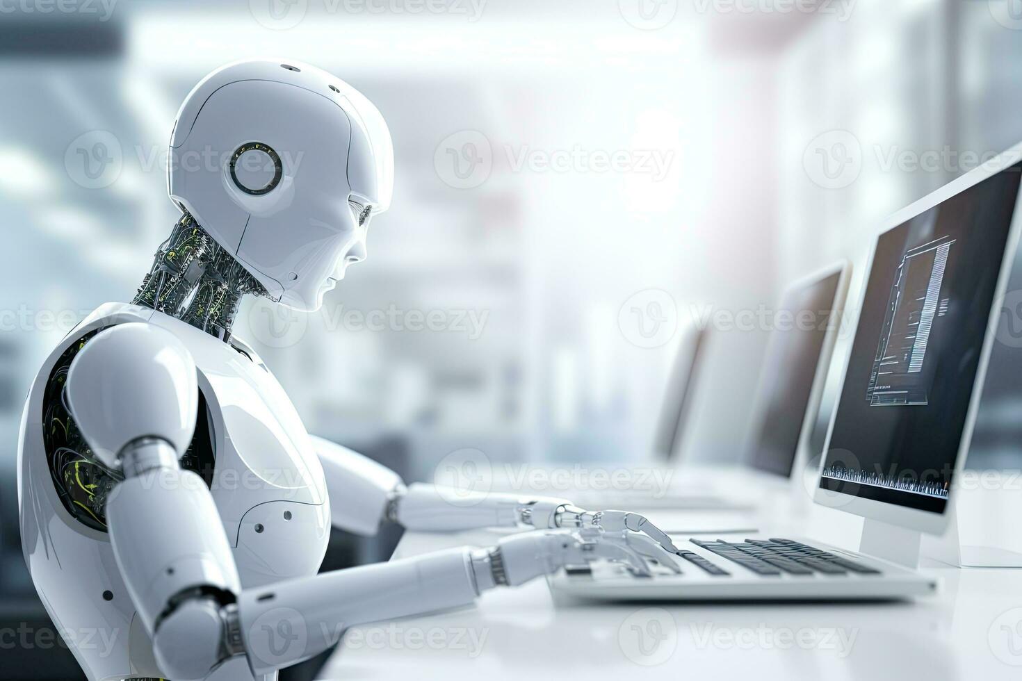 ai generato robot seduta a scrivania con il computer portatile computer nel davanti di lui. di generativo ai. foto