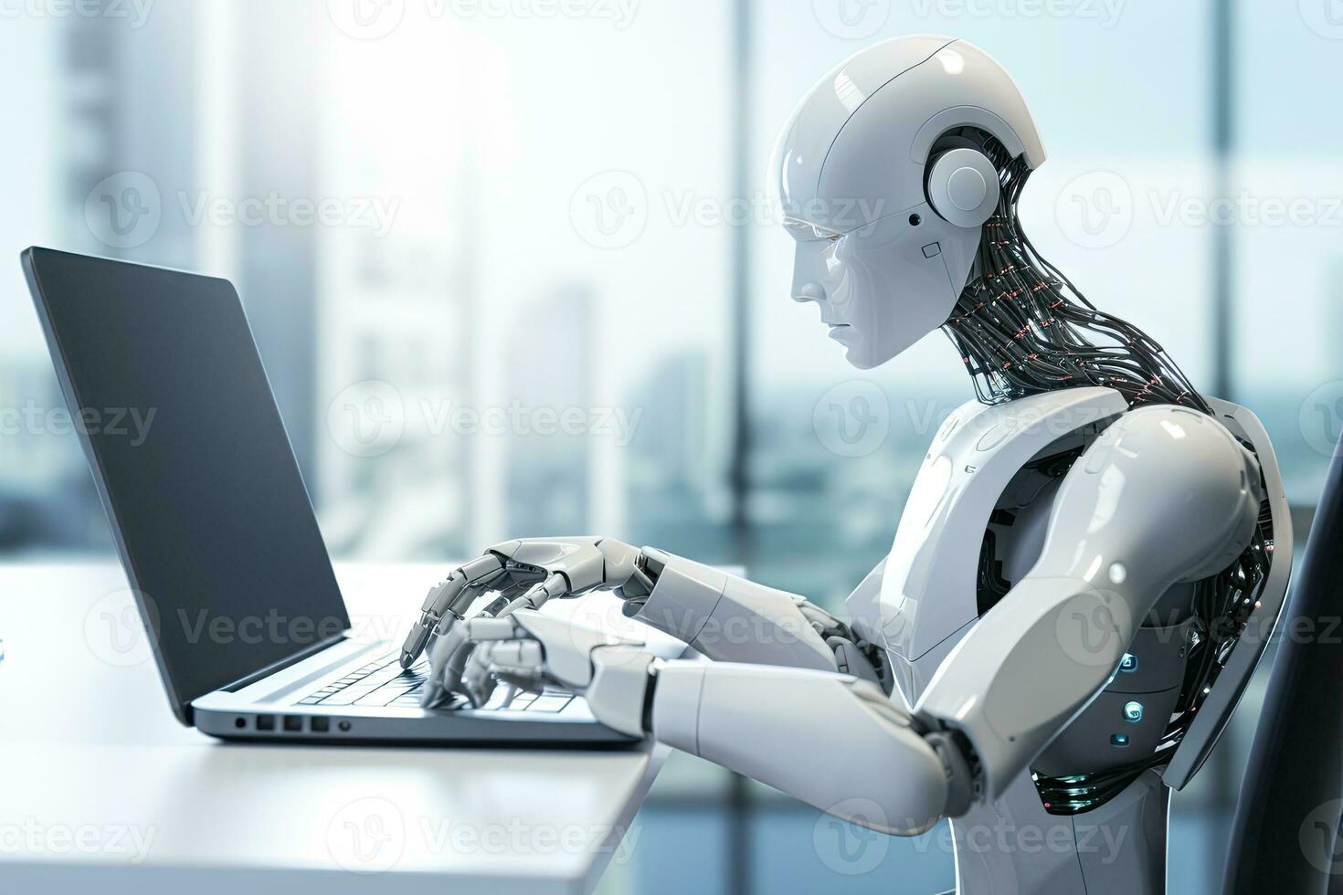 ai generato robot seduta a scrivania con il computer portatile computer nel davanti di lui. di generativo ai. foto