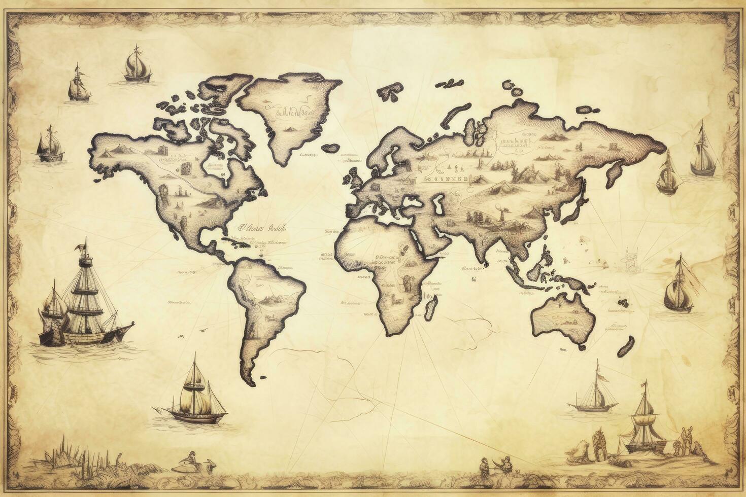 ai generato grande dettagliato illustrazione di il mondo carta geografica nel Vintage ▾ stile. ai generato foto