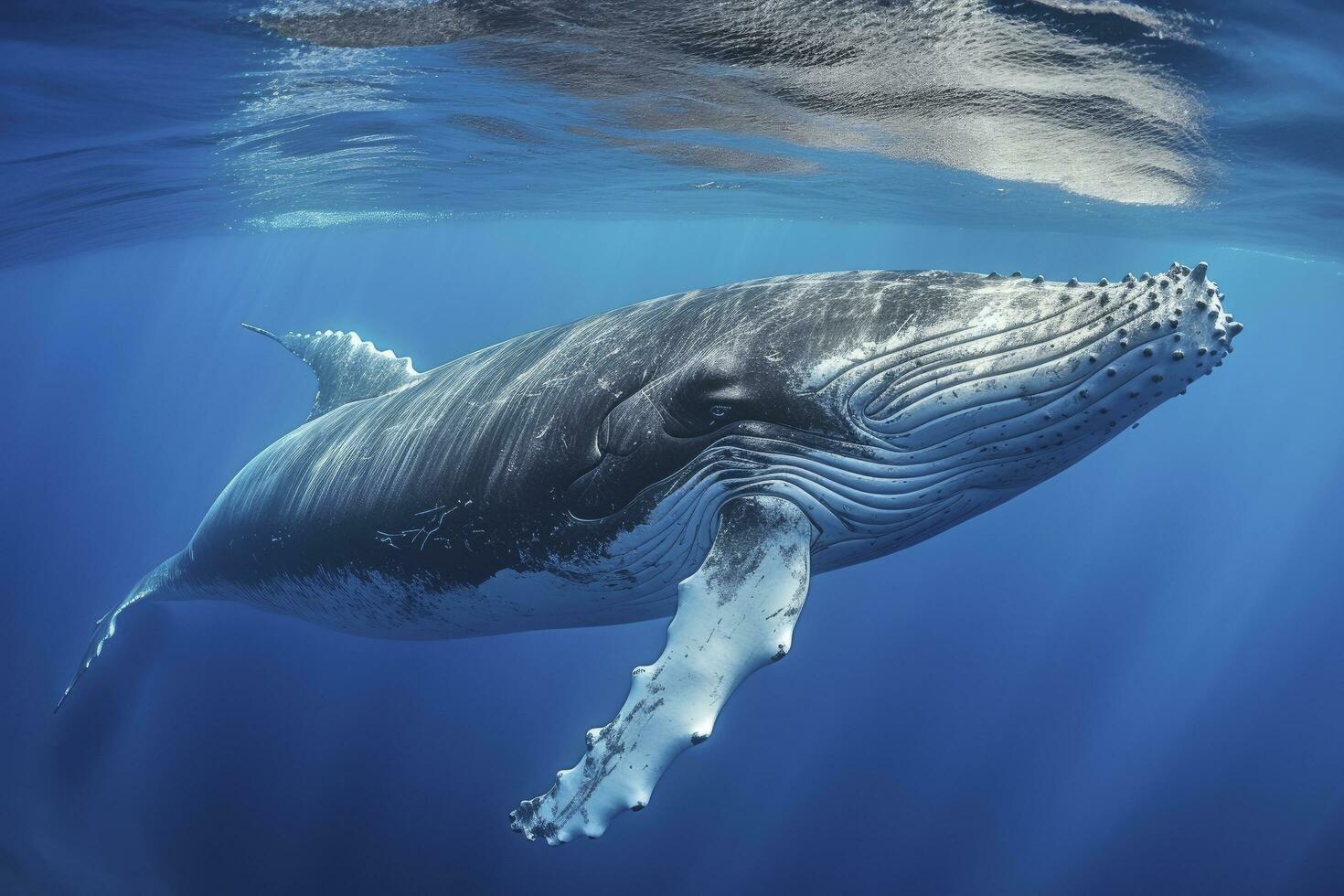 ai generato giovane gobba balena nel blu acqua. ai generato foto