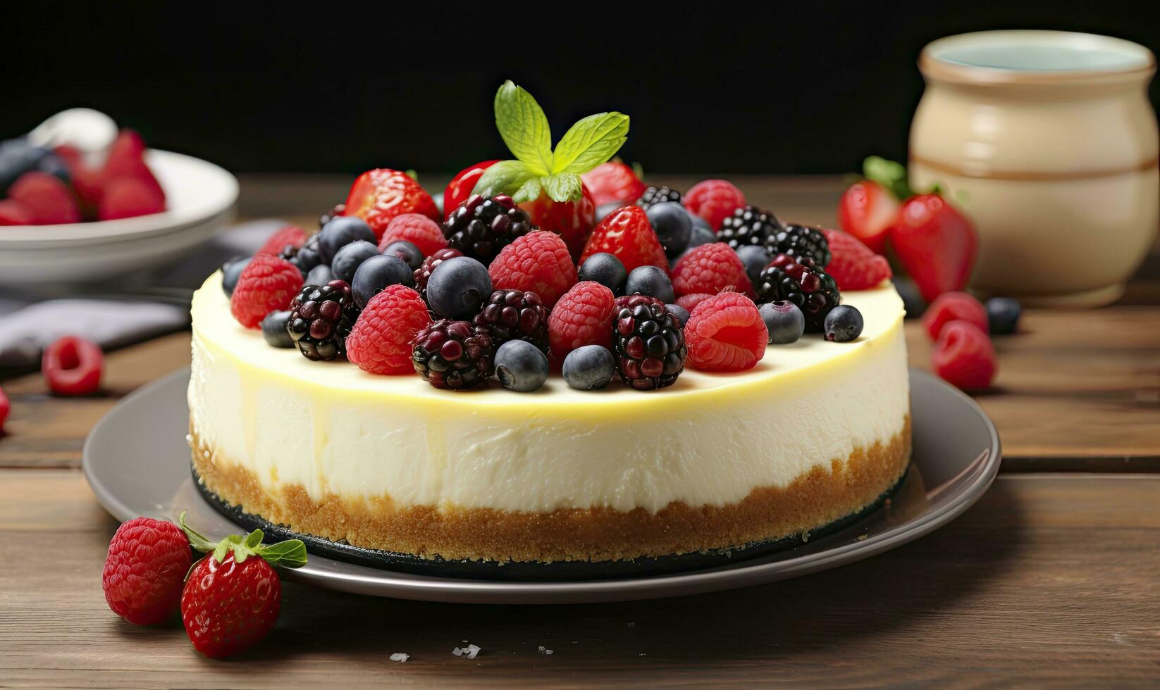 ai generato Limone torta di formaggio con fresco frutti di bosco. ai generato foto