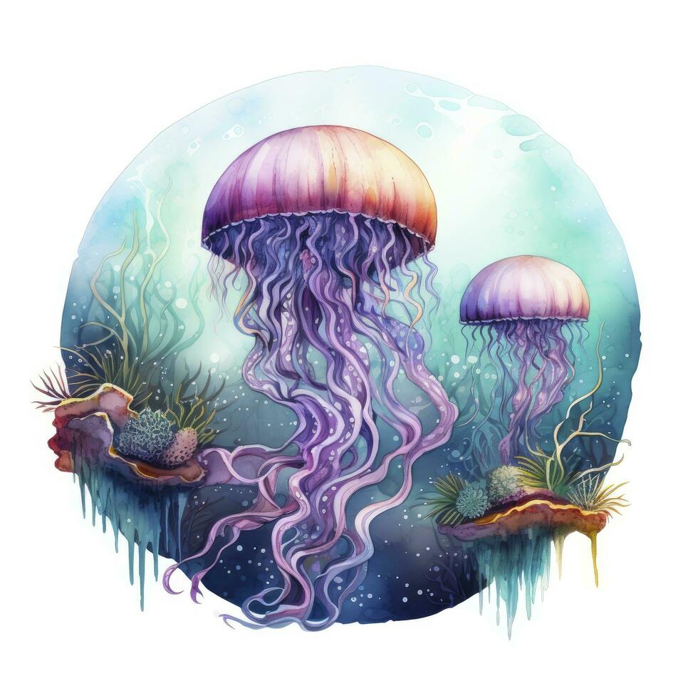 ai generato Medusa nel un subacqueo paesaggio nel un' cerchio. ai generato foto