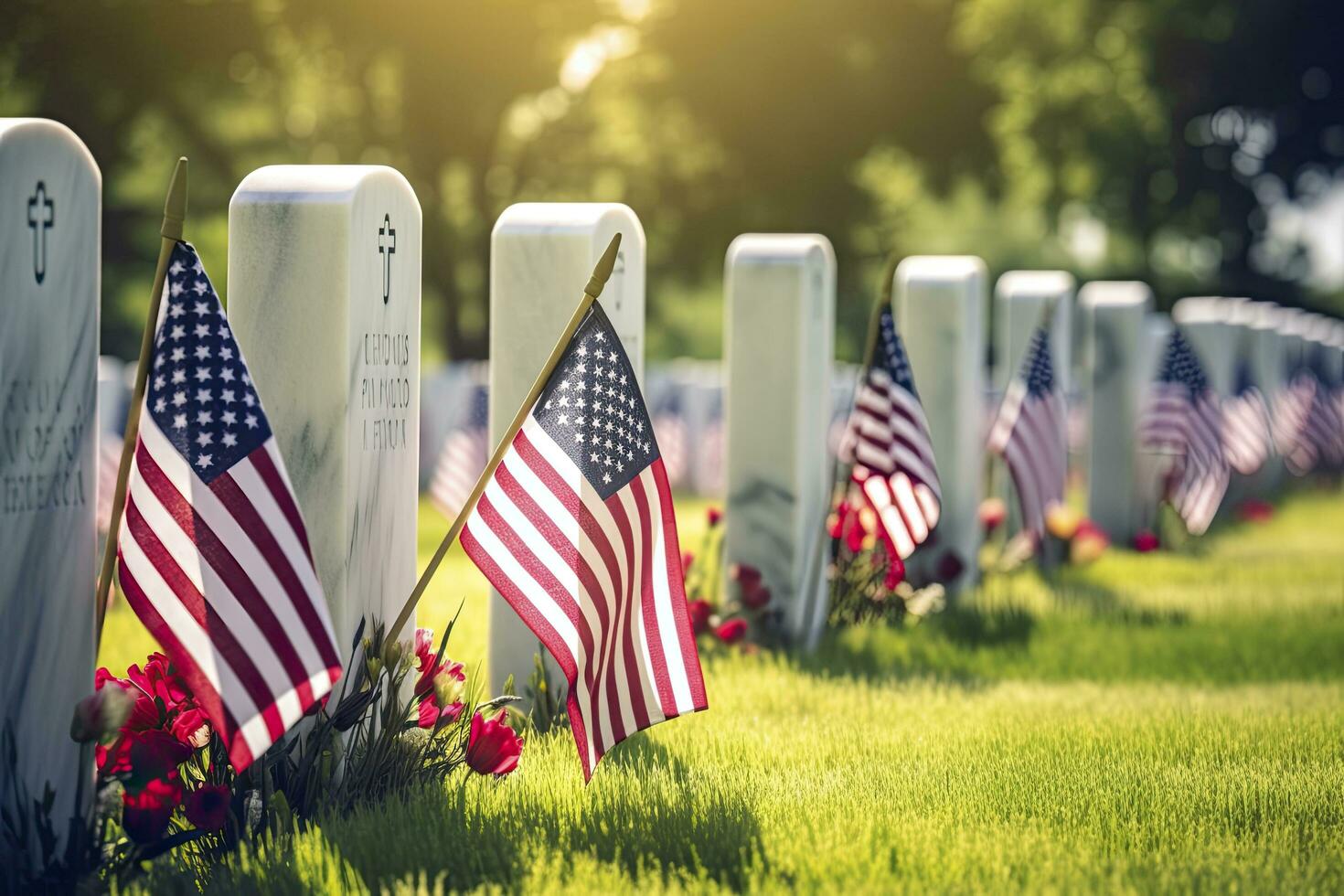 ai generato militare lapidi e lapidi decorato con bandiere per memoriale giorno. ai generato foto