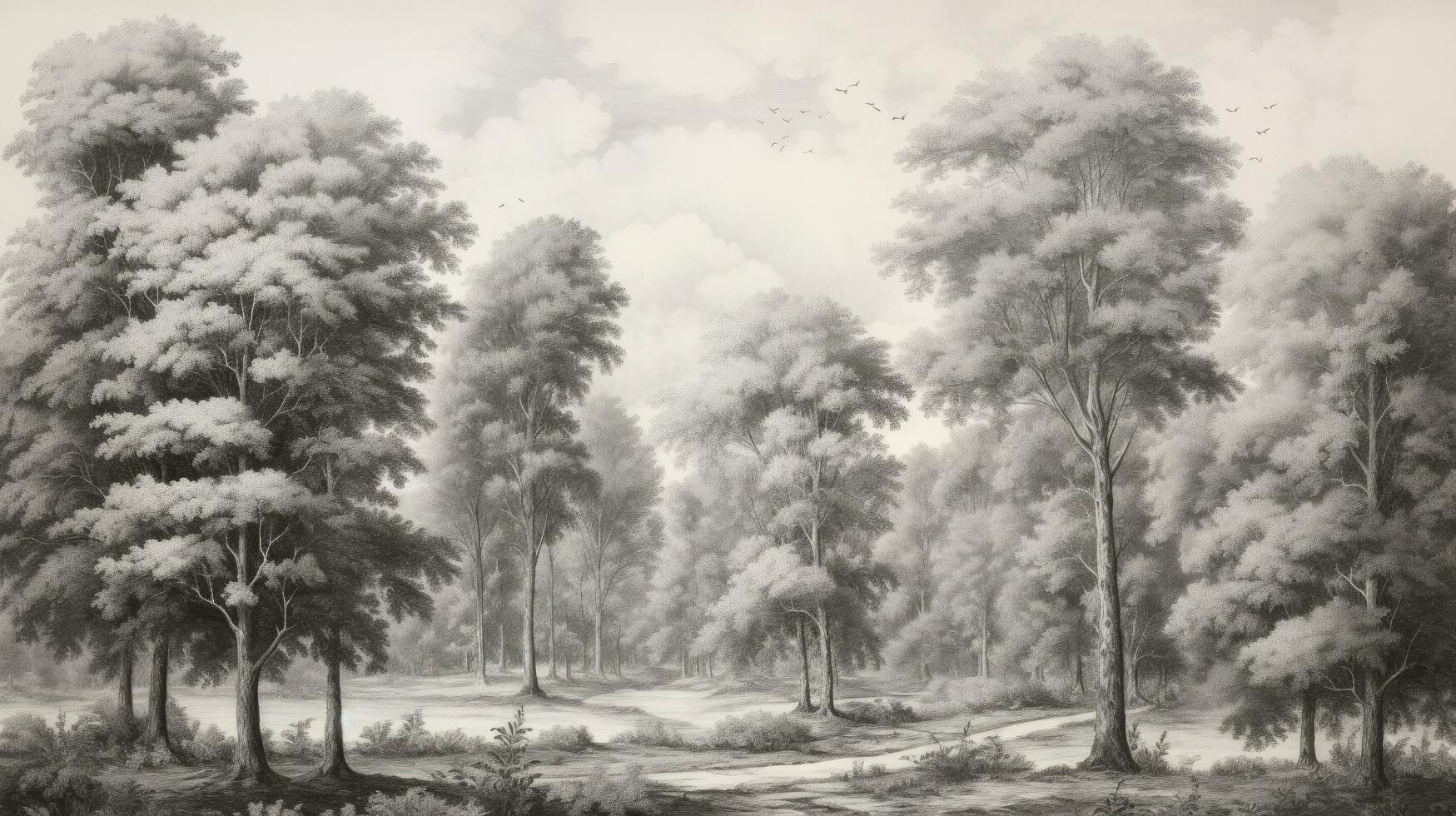 ai generato sfondo Vintage ▾ disegno paesaggio foreste di antico europeo di alberi sfondo nero e bianca design per sfondo, foto sfondo, affrescare, murale