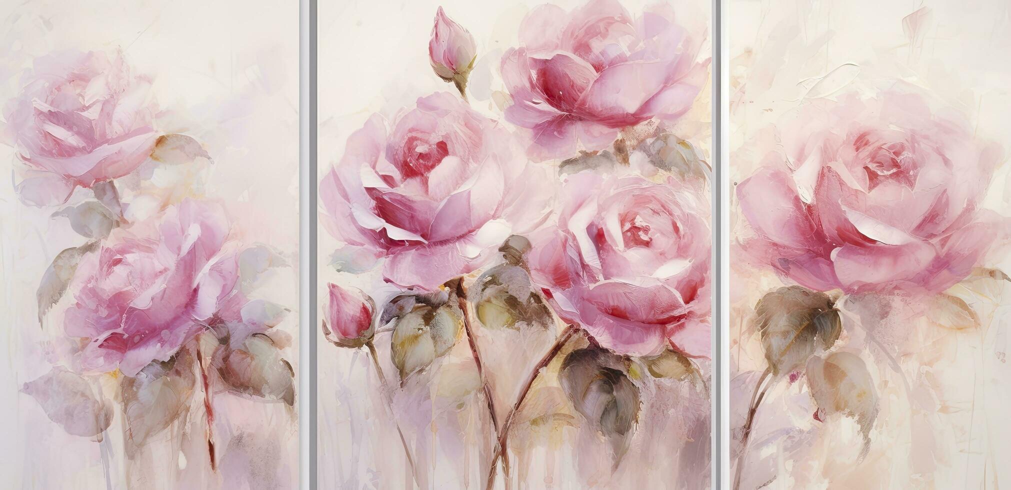 ai generato d'oro rosa trio impostato di 3 acquerello incorniciato parete arte pezzi, cattura il eleganza di rosa Rose nel oro toni, evocando il essenza di senza tempo olio quadri. foto