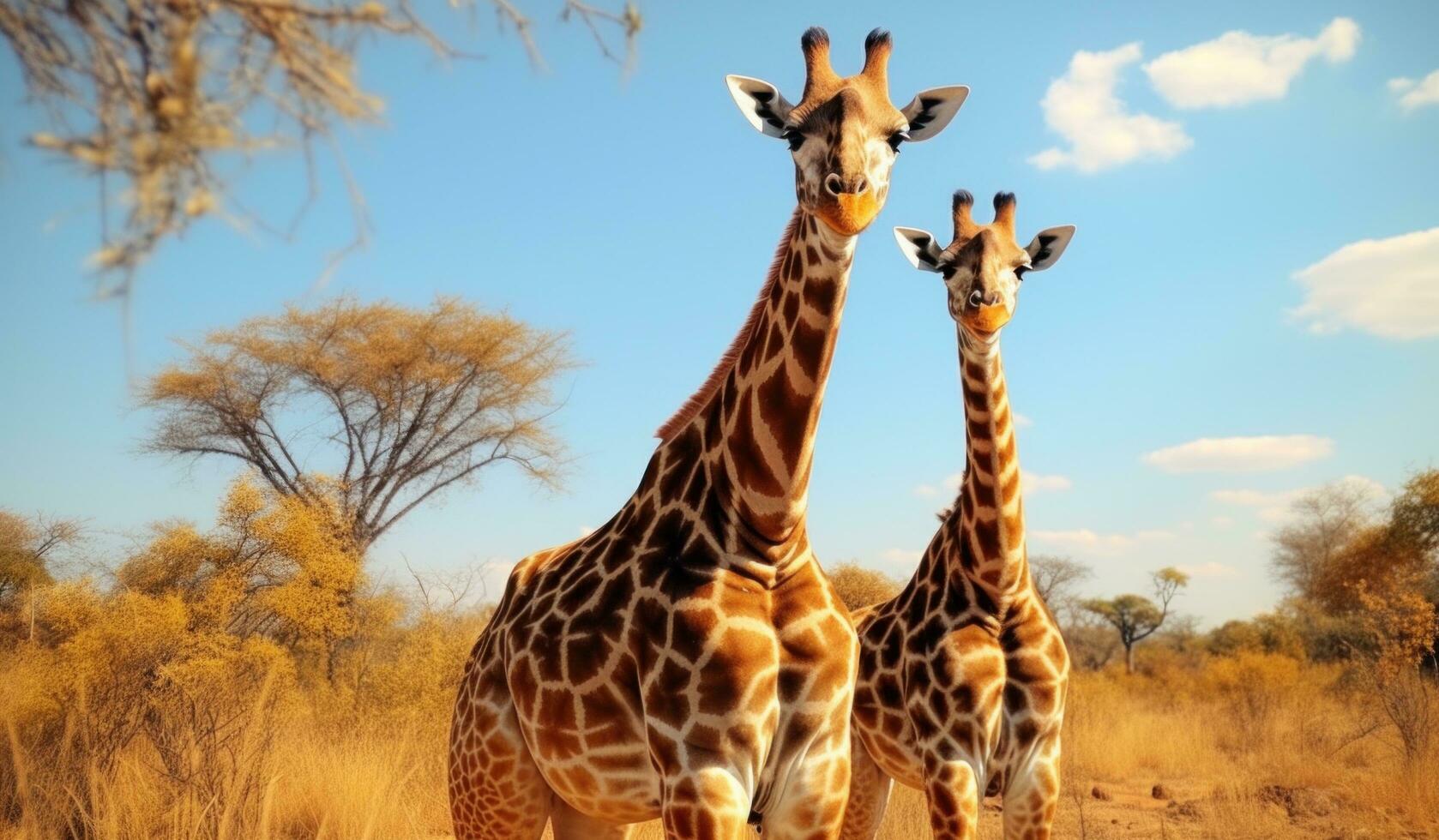 ai generato Due giraffe nel un arido natura selvaggia foto