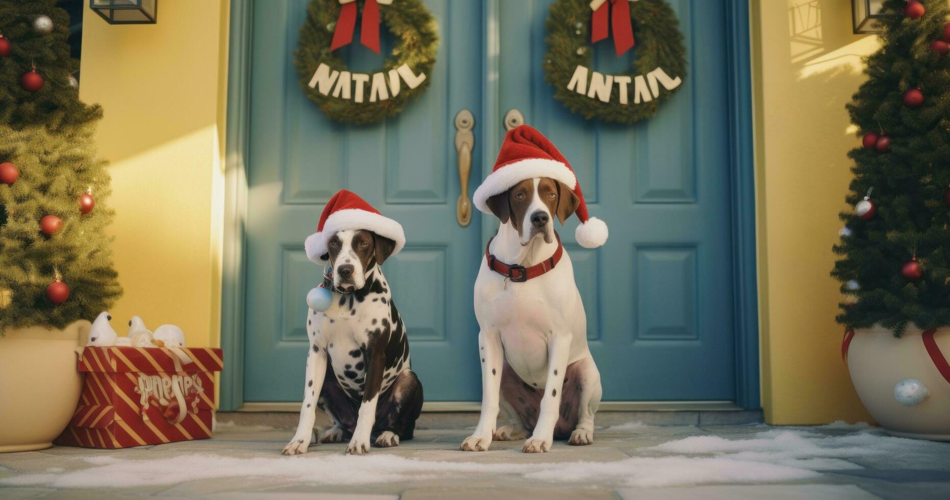 ai generato Due chihuahua cani nel Santa cappelli seduta su davanti porta foto