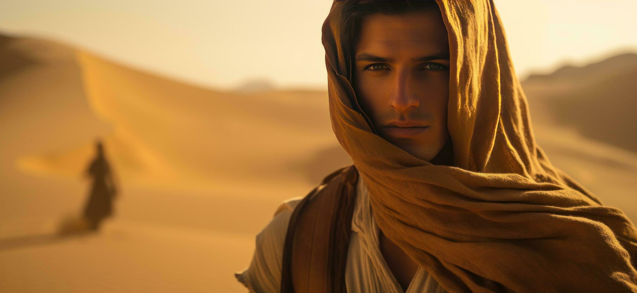 ai generato uomo su deserto su un' turbante con un abaya foto