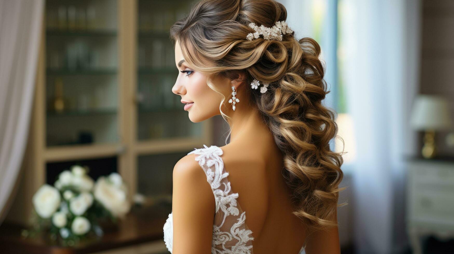 ai generato un' sposa con lungo capelli indossare un' perla pettine foto