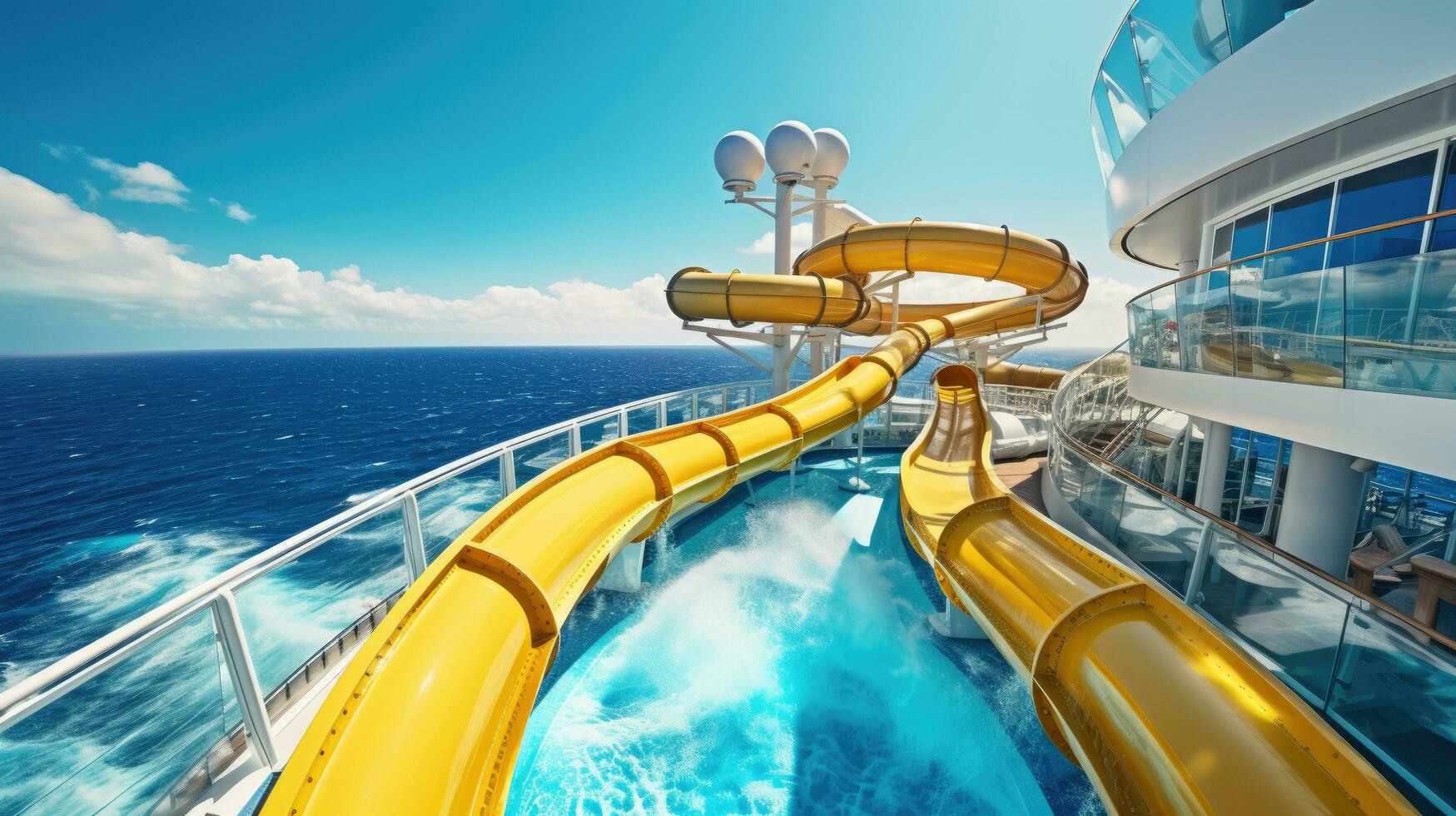ai generato un ricco di azione di viaggiatori godendo un' emozionante acqua diapositiva su il superiore ponte di un' crociera nave foto