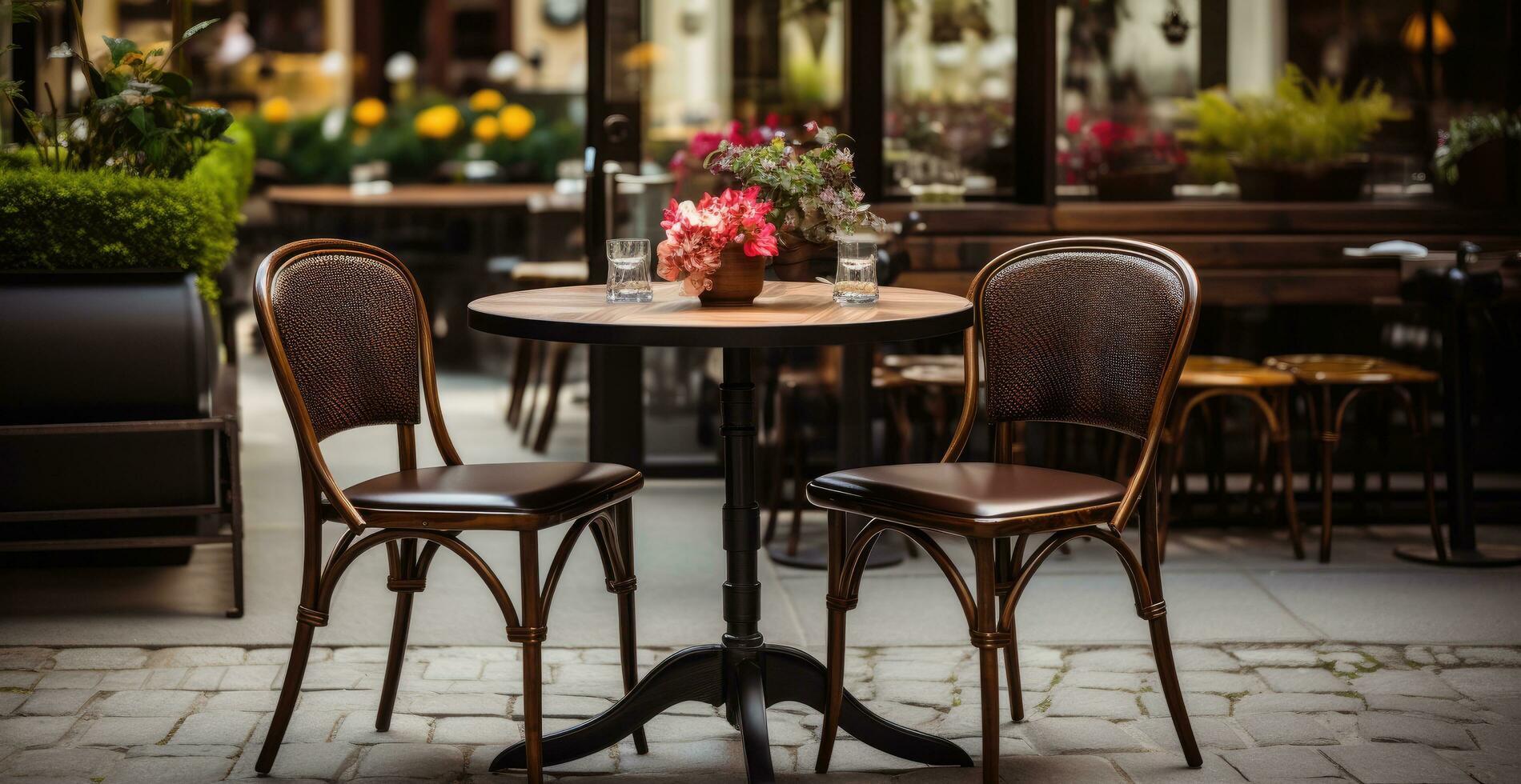 ai generato un' marciapiede con tre bar tavoli e sedie su un' terrazza foto