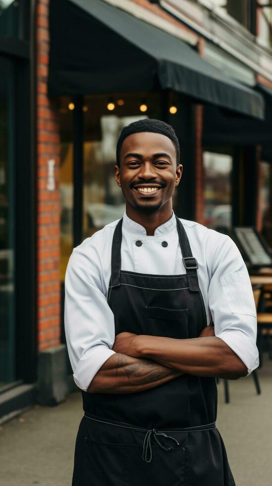 ai generato capocuoco in piedi con orgoglio nel davanti di un' ristorante, indossare il suo dello chef giacca e un' grande Sorridi foto