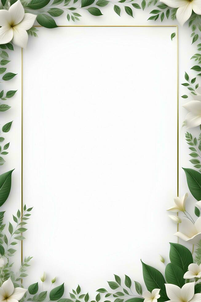 ai generato verde foglia con bianca fiore confine telaio foto