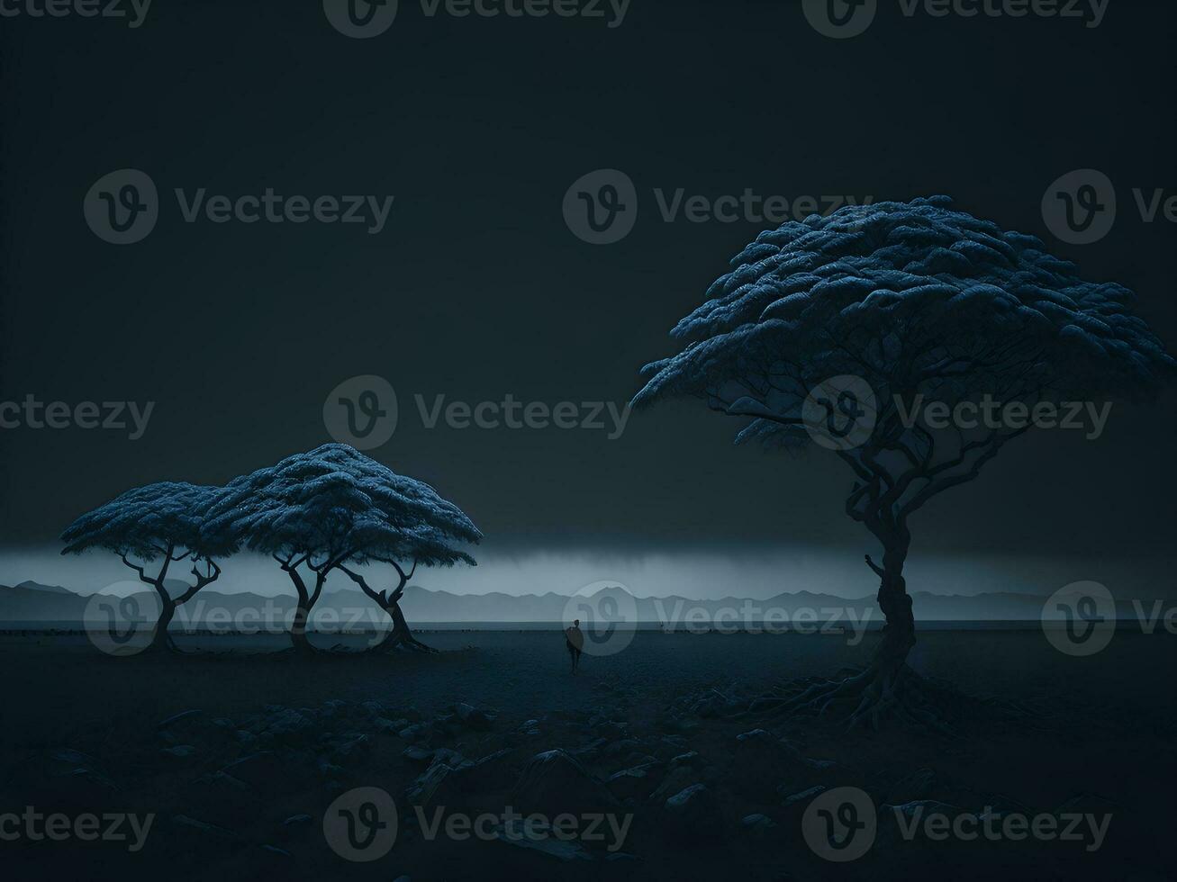 ai generato solitario albero su il spiaggia a notte. foto