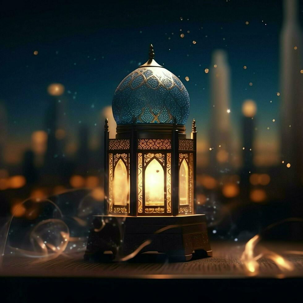 eid mubarak e Ramadan kareem saluti con islamico lanterna e moschea. eid al Fitr sfondo. eid al Fitr sfondo di finestra concetto di ai generato foto