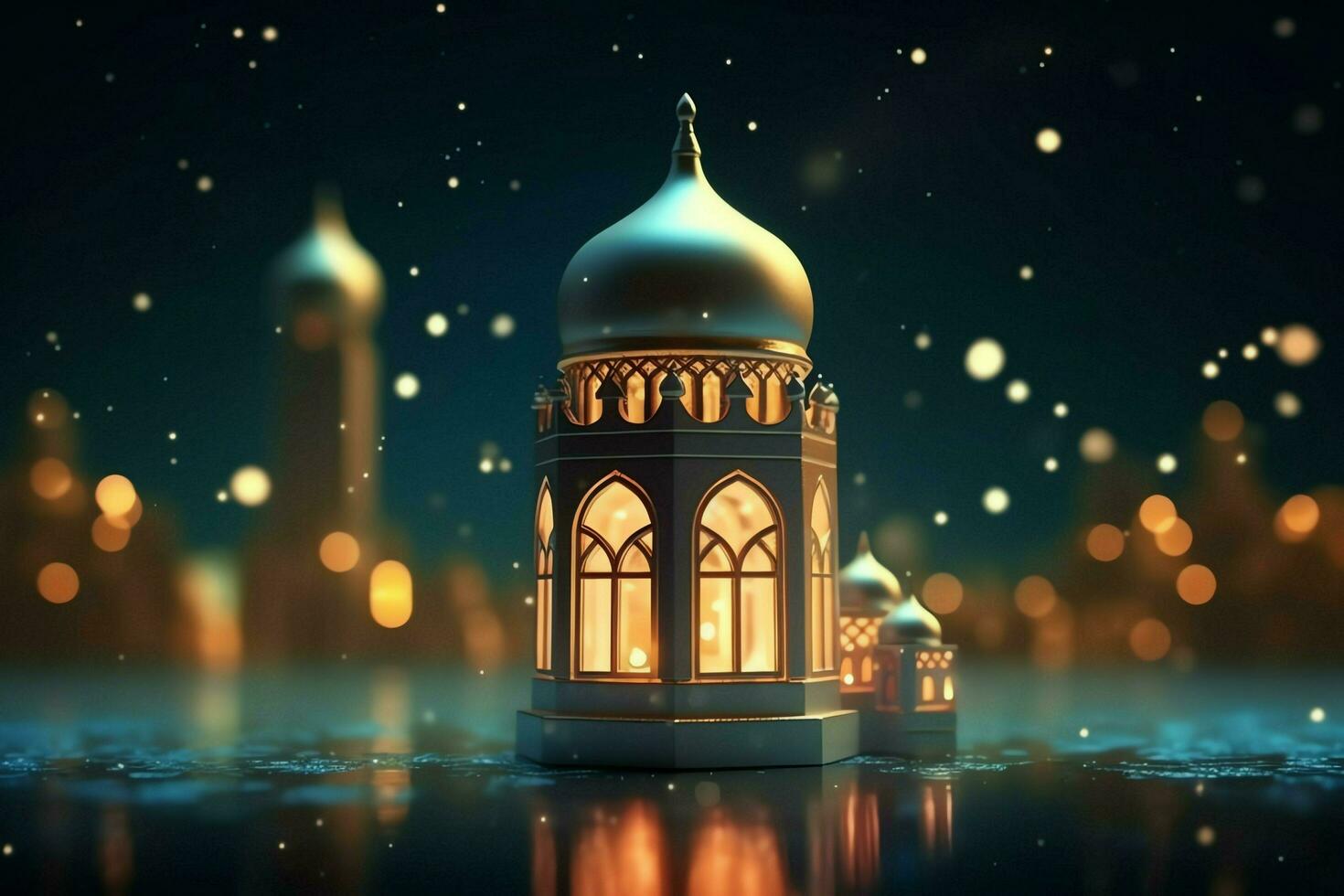 eid mubarak e Ramadan kareem saluti con islamico lanterna e moschea. eid al Fitr sfondo. eid al Fitr sfondo di finestra concetto di ai generato foto