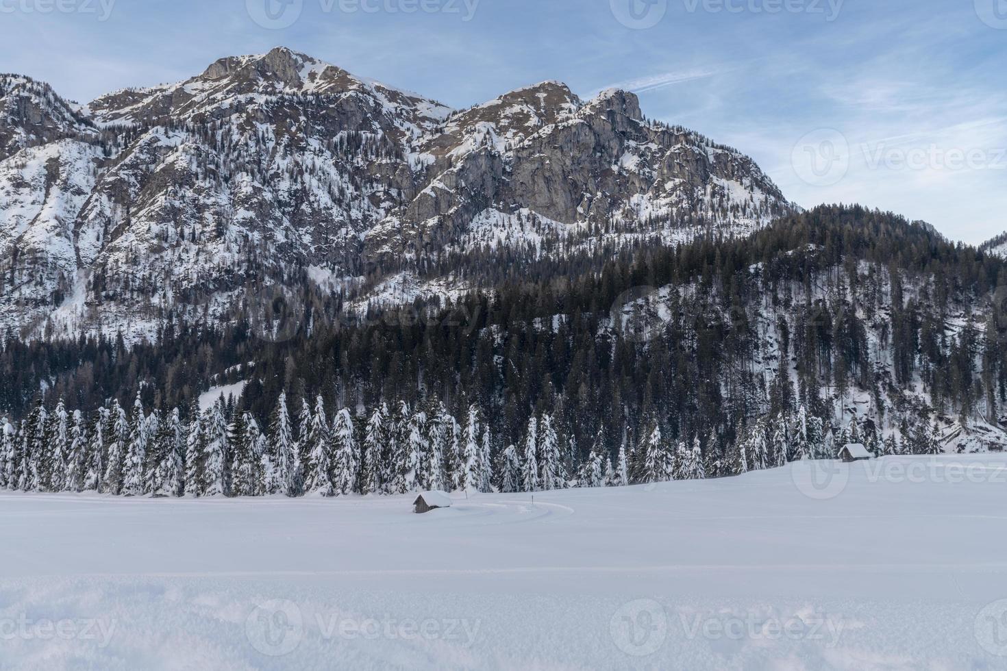 dopo la nevicata. ultime luci del crepuscolo a sappada. magia delle dolomiti foto