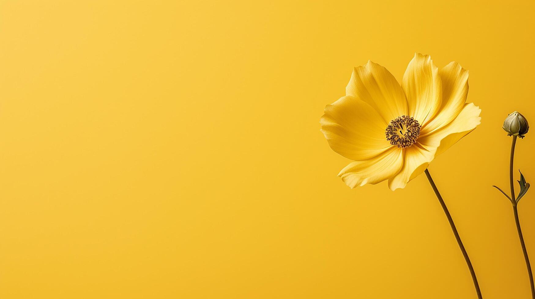 ai generato giallo girasole su giallo sfondo piatto posizione, superiore Visualizza foto