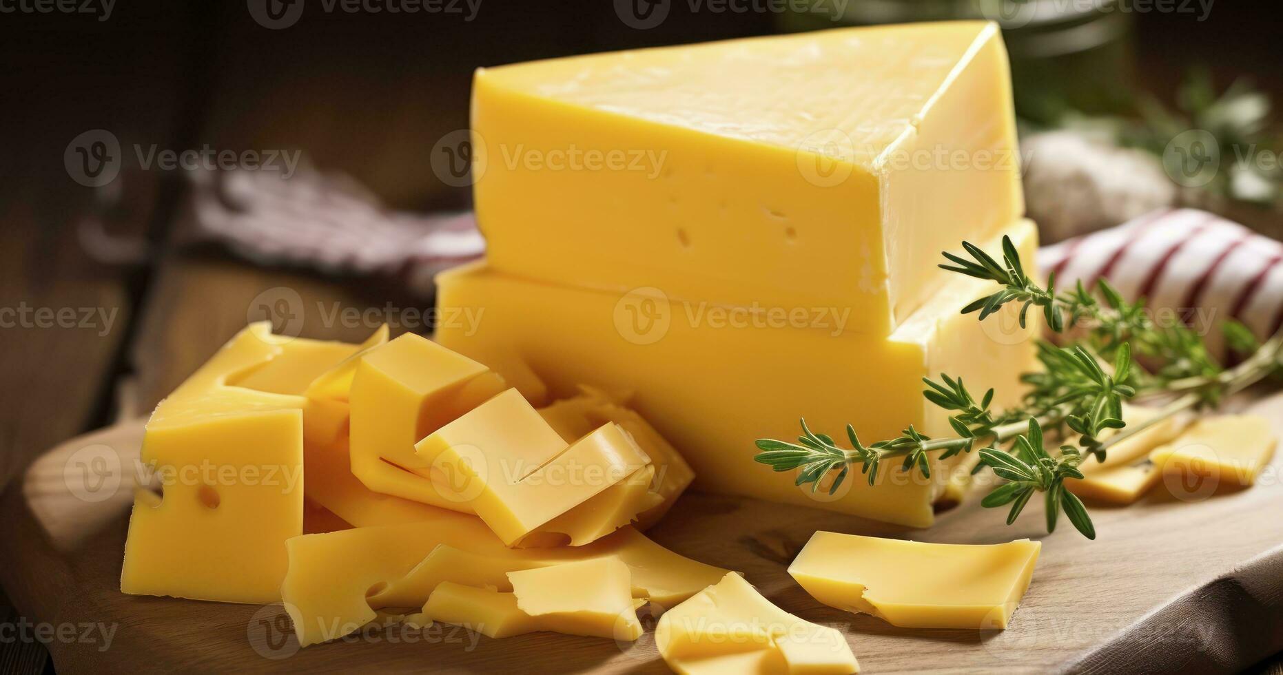 ai generato Cheddar formaggio elegantemente visualizzato su un' rustico di legno superficie foto