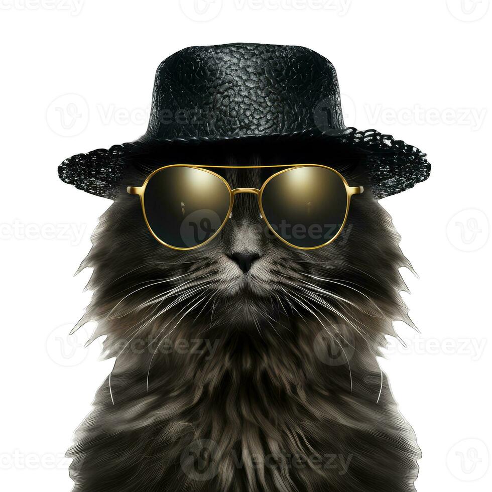 ai generato divertente nero gatto con occhiali da sole e berretto isolato su bianca sfondo. foto