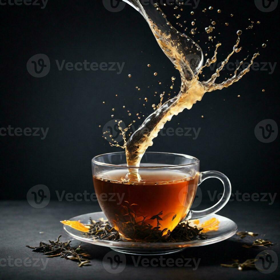 ai generato foto spruzzi di tè nel tazza isolato su buio sfondo. ai generativo